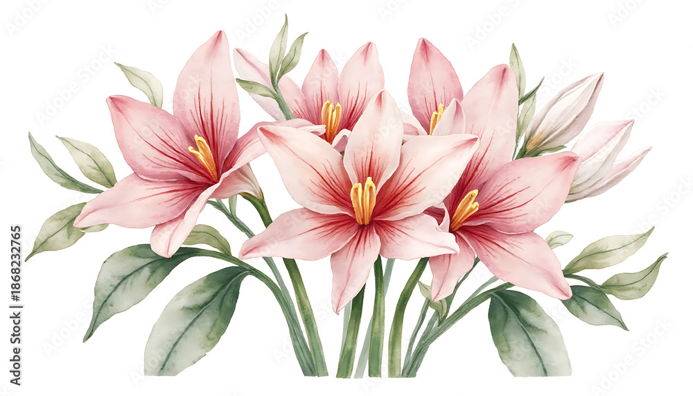 Obraz premium Pink Lily Bouquet Illustration with Green Leaves