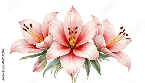 Pink Lily Bouquet with Green Leaves on White