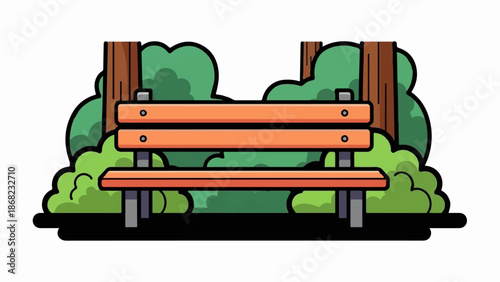 An orange park bench rests amidst lush green bushes and tall brown trees