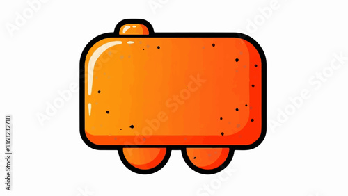 An orange, pill-shaped object with a rounded top and two semicircular wheels on the bottom