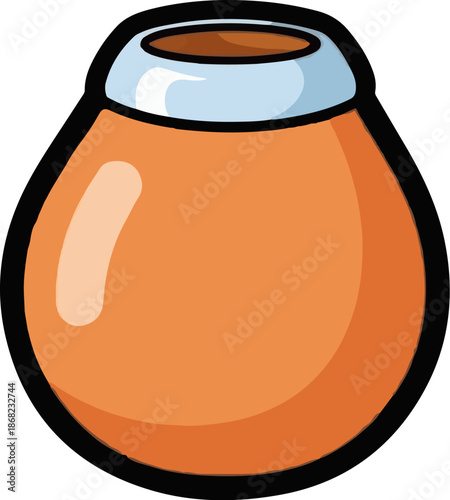 An orange, rounded container with a light blue rim and a dark opening