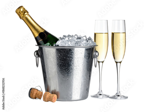 A bottle of champagne in an ice bucket with two flutes,white background.