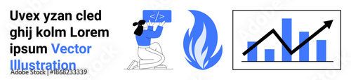 Software development, learning platforms, technology growth, data analytics, business trends, innovation. A person holding a code symbol, a flame icon and a rising graph. Technology growth and data