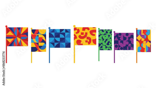 Colorful geometric flags displayed in a row against white background