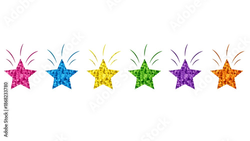 Colorful glittering stars arrayed in a row against white background