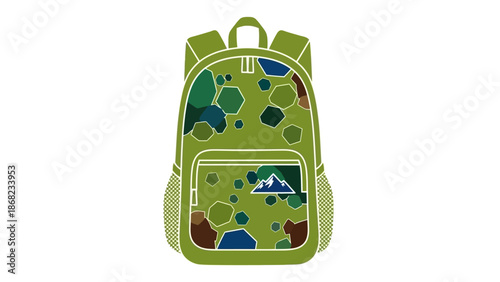Green backpack illustration with geometric pattern and mountain icon isolated