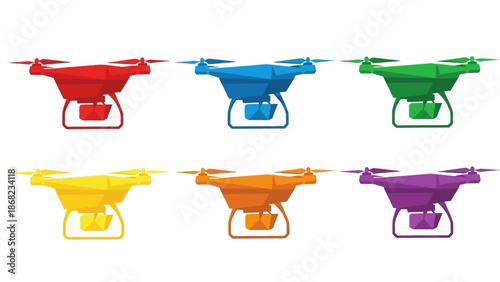 Colorful drone set isolated on white background for technology concepts