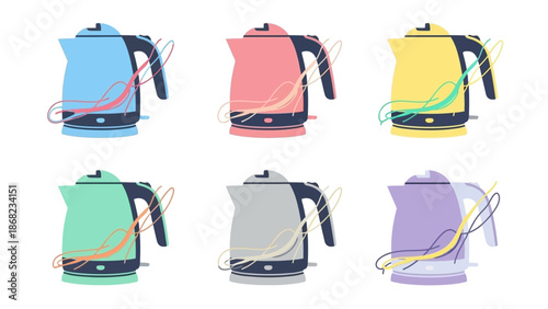 Colorful electric kettles modern kitchen appliances isolated on white