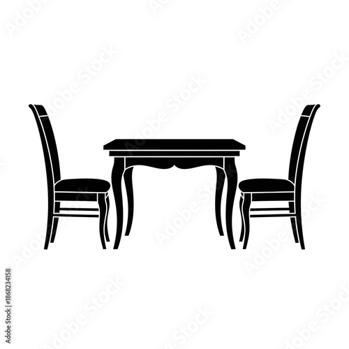Elegant black silhouette of a dining table with two ornate chairs on a white background