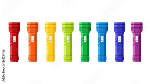 Colorful flashlights arrayed on white background illustrating illumination concepts