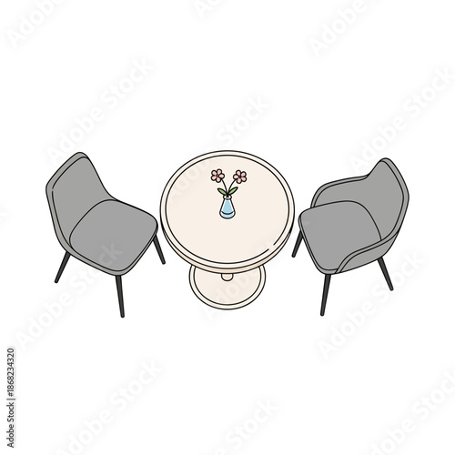 Minimalist dining set: round table and two modern chairs, isolated on white background