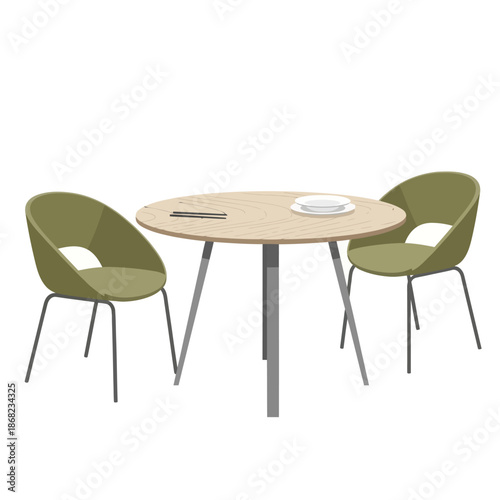 Modern dining set: round table with two olive green chairs, minimalist design, isolated on white background.