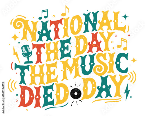 Commemorative National The Day the Music Died Day Vector Illustration Featuring Music Symbols Isolated on White Background