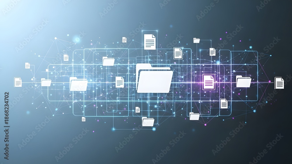 Fototapeta premium Digital network of folder and document icons representing data organization and file sharing. Global communication and cloud computing concept.