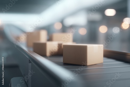 Cardboard boxes moving on automated conveyor belt in modern warehouse, logistics workflow and order fulfillment concept ideal for supply chain presentations and editable commercial use