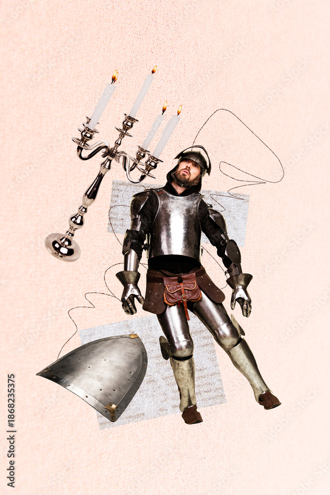 Obraz premium Trend template sketch design 3D photo collage of young man noble warrior conqueror knight hero vintage portrait candelabrum candle fire