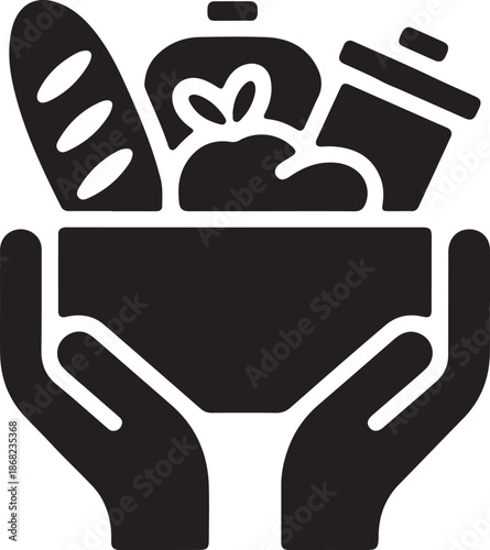 Hands holding bowl with food, bread, apple, and coffee cup, symbolizing donation, charity, and healthy eating