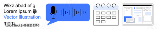 Voice recognition, calendar management, digital scheduling, user interface design, technology integration, productivity tools. Microphone and sound wave inside a speech bubble, calendar, and UI
