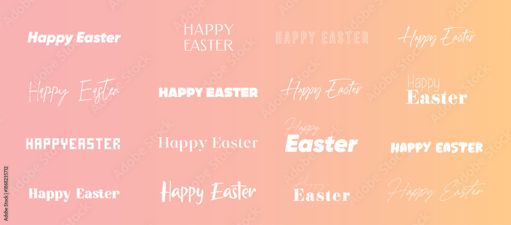 Fototapeta premium Happy Easter lettering showcase on soft gradient background. Elegant script and handwritten styles with modern serif and minimal outline variations for holiday cards and posters. 
