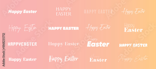 Happy Easter lettering showcase on soft gradient background. Elegant script and handwritten styles with modern serif and minimal outline variations for holiday cards and posters.
