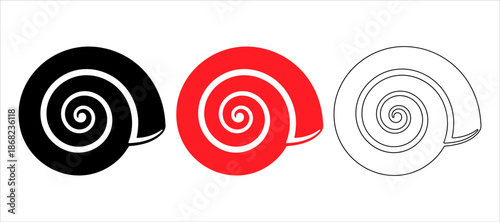 Three stylized snail shells in black red and thin line art styles for graphic design