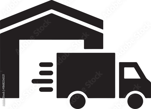 Logistics and transportation vector icon, delivery truck with warehouse, black and white