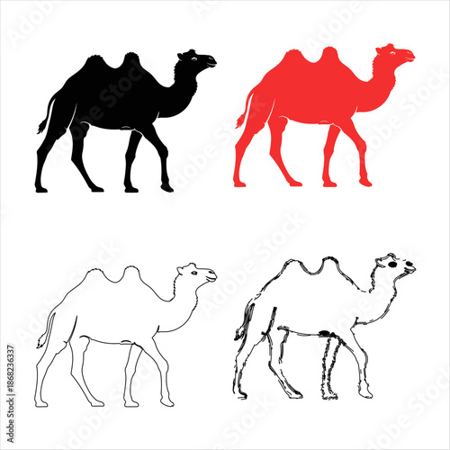 Graphic illustration of three camels in solid red black and artistic brush sketch style