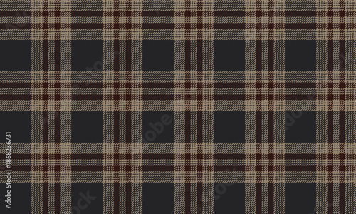 Seamless vector plaid fabric in classic black, beige, and brown tones, ideal for fashion clothing designs, skirts, and trousers, adding a modern and unique touch.