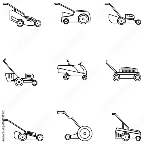 Lawn Mower & Garden Vehicle Icon Set – Minimalist Line Art Collection of Push, Riding, and Robotic Mowers