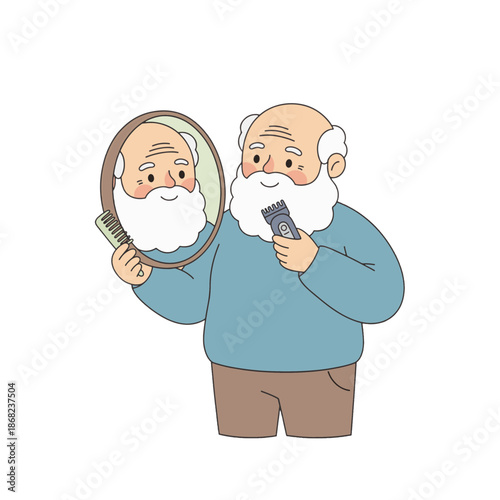 Elderly man trimming beard with electric shaver. Senior character grooming looking in mirror. Flat design vector illustration