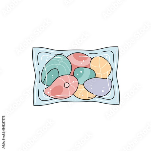 Frozen fish in clear plastic packaging. Flat vector illustration of seafood in a vacuum bag. Soft pastel color palette isolated on transparent background