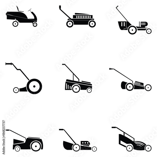 Lawn Mower & Garden Vehicle Icon Set – Minimalist Line Art Collection of Push, Riding, and Robotic Mowers