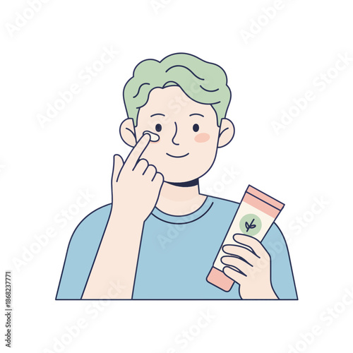 Man applying eye cream for skincare routine. Male grooming and beauty concept. Flat design vector illustration isolated on transparent background