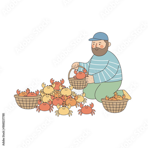 Man sorting caught crabs into baskets. Flat vector illustration with soft pastel colors. Fisherman with seafood catch isolated on transparent background