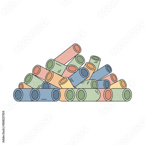 Pile of iron pipes at scrapyard. Flat vector illustration with soft pastel color palette. Industrial construction materials isolated on transparent background