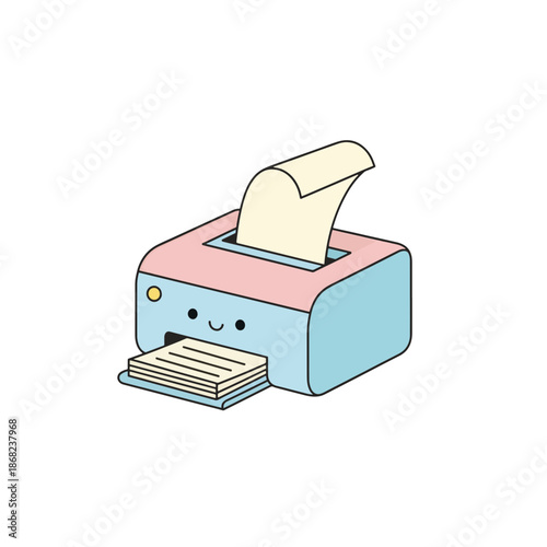Kawaii printer cartoon character icon. Flat design vector illustration of office equipment. A smiling machine printing paper in soft pastel colors