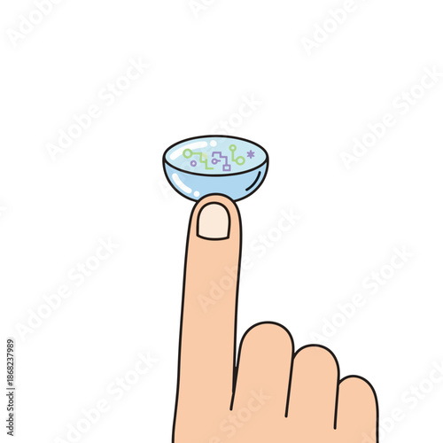 Smart contact lens with a circuit on a fingertip. Flat vector illustration of futuristic technology. Augmented reality and bionic vision concept isolated on a transparent background