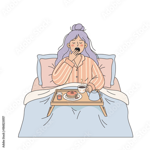 A sleepy woman yawning while having breakfast in bed. Flat character illustration in a soft pastel color palette. Morning routine and self-care concept