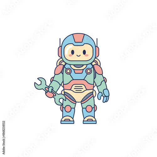 Cartoon robot worker in a futuristic exoskeleton suit. Flat vector illustration with a soft pastel color palette. Friendly android mechanic character holding a wrench