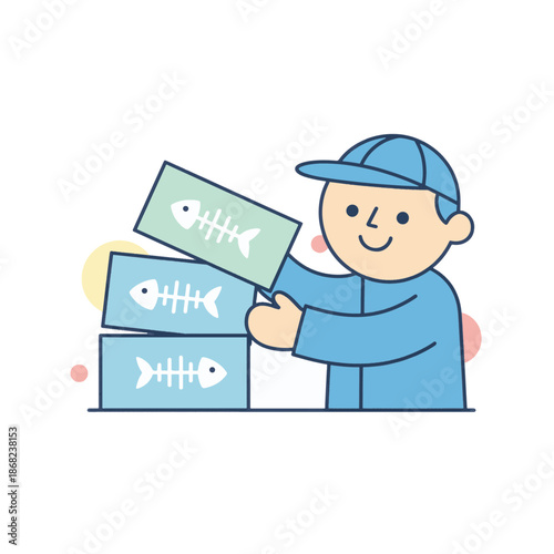 A worker stacking fish crates in a flat design style. Fishing industry and food supply chain vector illustration. Simple cartoon character isolated on a transparent background