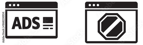 Line art browser window icon set featuring ads and ad blocking for online content
