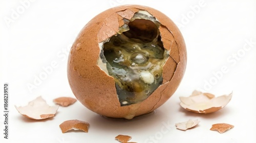 Rotten brown egg with cracked shell showing green spoiled yolk and hydrogen sulfide gas bubble