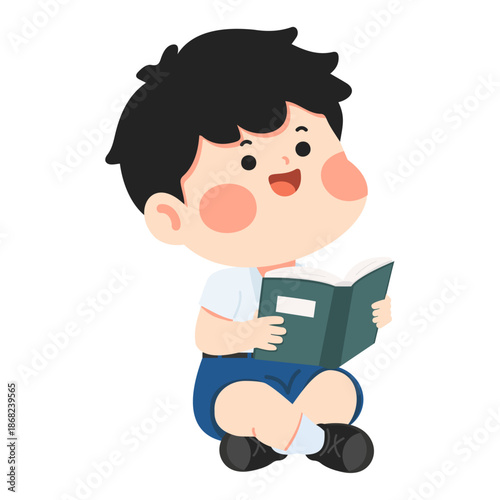 Happy Cartoon Boy Sitting and Reading Book for Education