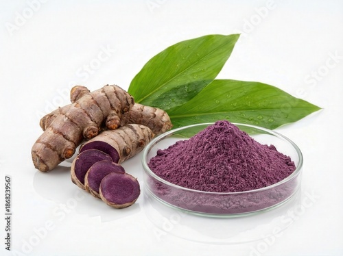 Fresh Black Galingale and herbal powder in glass dish including guvnis and green leaves isolated on white background