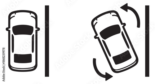 Outline car parking set featuring a parked vehicle and another executing parallel parking with guidance arrows for driving education