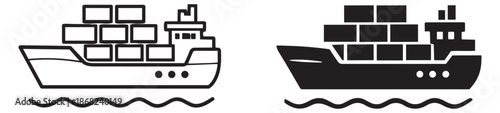 Container ship icon set featuring line art and filled silhouette styles for global logistics and cargo shipping