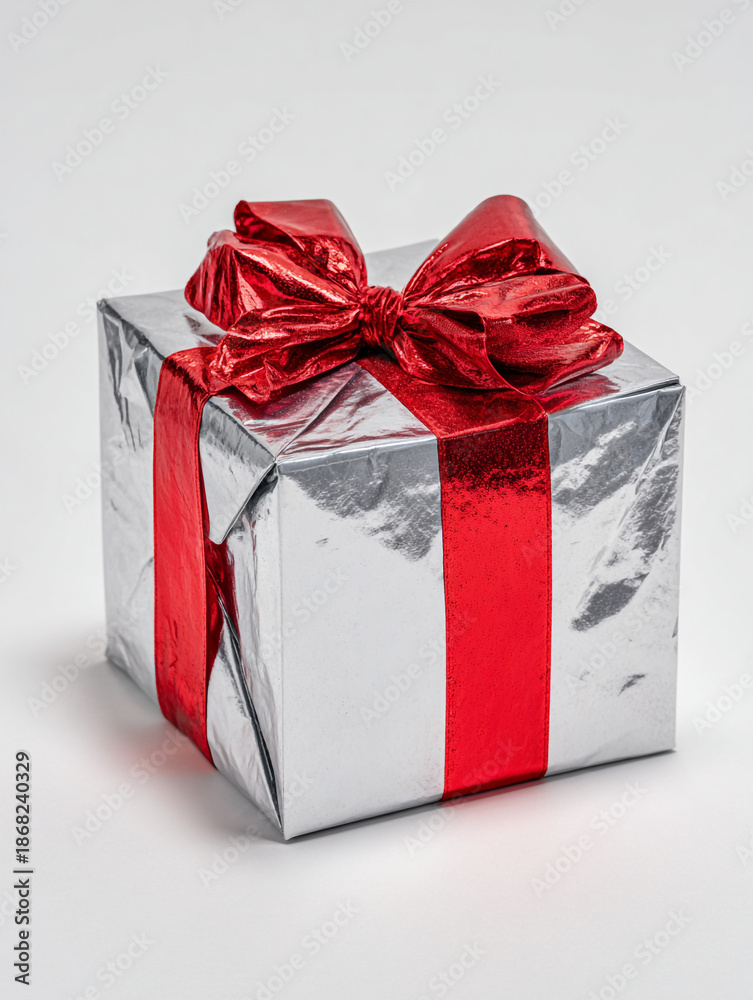 Fototapeta premium A silver wrapped gift box with a red bow on top