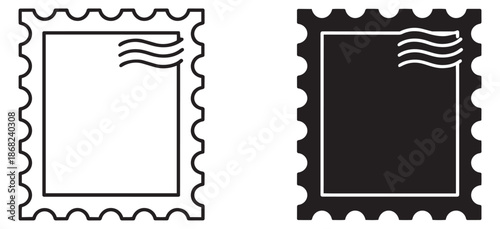 Line art and silhouette stamp icon set featuring perforated edges and postmark waves for post, mail, and communication concepts