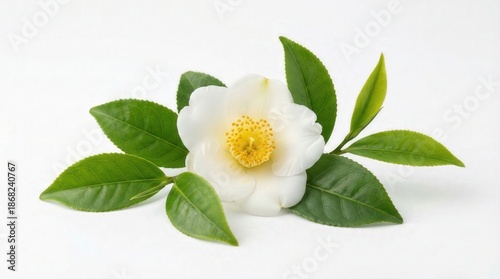 White flower and green Camellia Sinensis leaf isolated on white background with yellow pollen