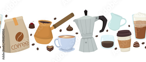 Seamless border with coffee elements. Horizontal pattern with moka pot, cezve, cup, glass, drinks, coffee beans and chocolate candies
